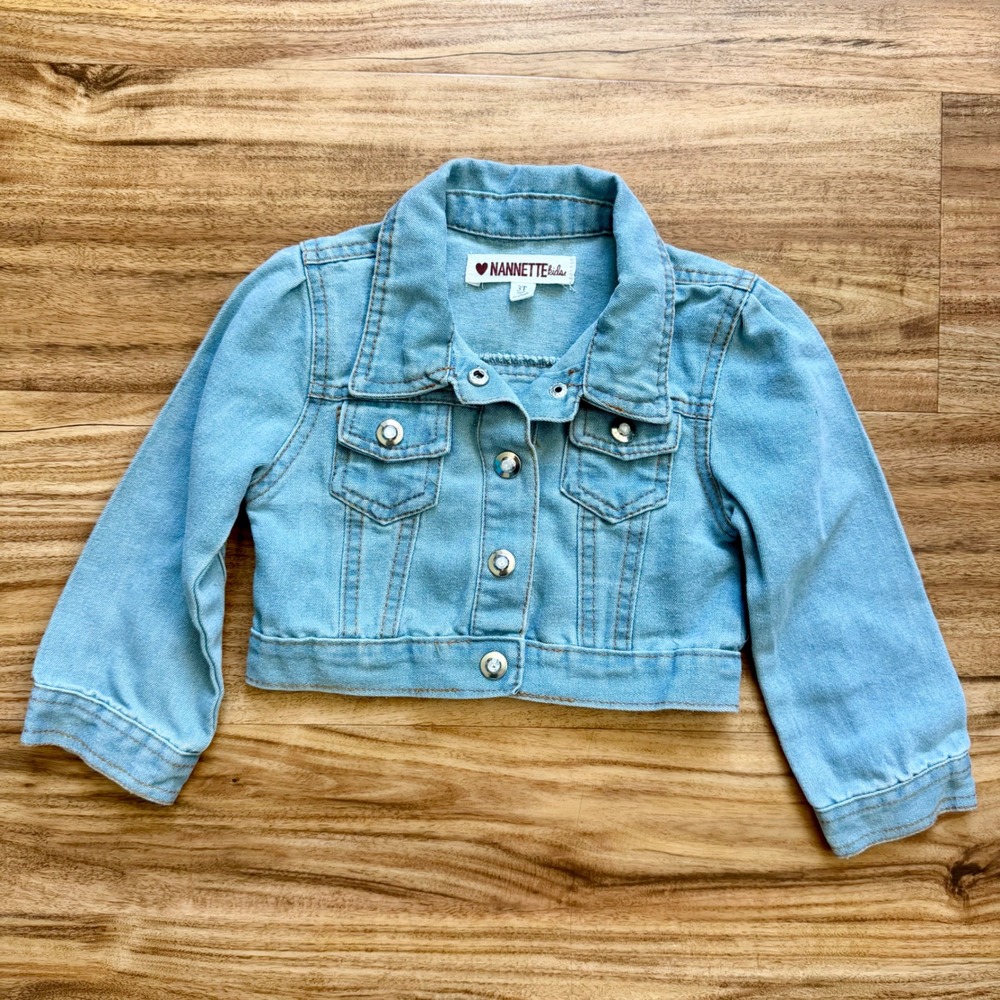 Nanette Kids Girls Blue Denim Jacket Heart Ruffle Detail Gem Buttons Size 3T